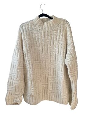 BHcrafts Wool Hand-Knit Basketweave Block Mock Neck Sweater Ivory Cream Large